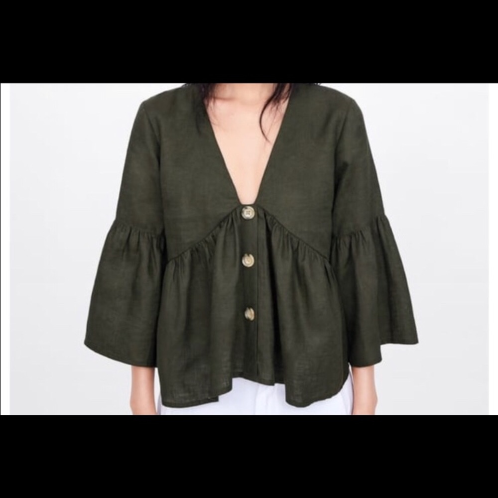 Zara dark green linen closet with bell sleeves